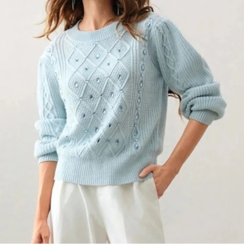 Elegant Light Blue Knit Sweater with Embellishments